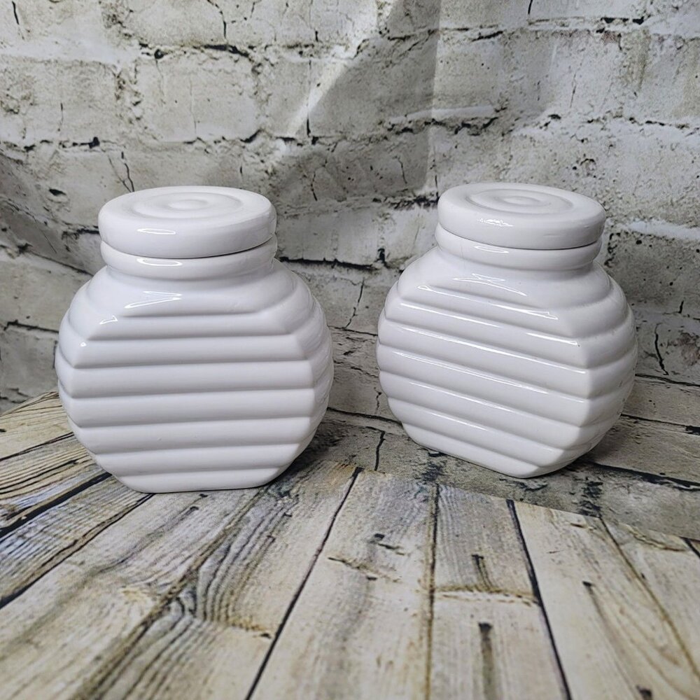 Vintage Alco White Ceramic Beehive Canister Set of 2 Appx 6 x 5 Inches